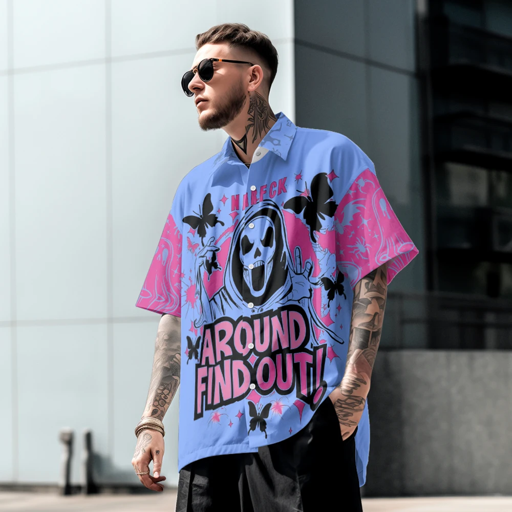 Simple style casual men's short-sleeved shirt summer loose features niche pink blue design lapel T-shirt top