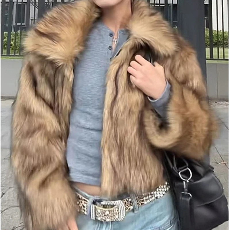 

Women Faux Fur Fox Coats Jackets Turn Down Collar Short Coat Y2k Streetwear Jacket Work Outerwear Thick Warm Autumn Winter