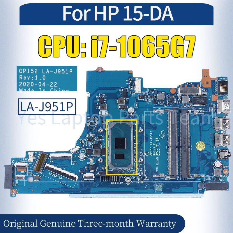 GPI52 LA-J951P For HP 15-DA Laptop Mainboard M17756-601 M17755-601 L92843-601 SRG0N i7-1065G7 Notebook Motherboard 100％ Tested