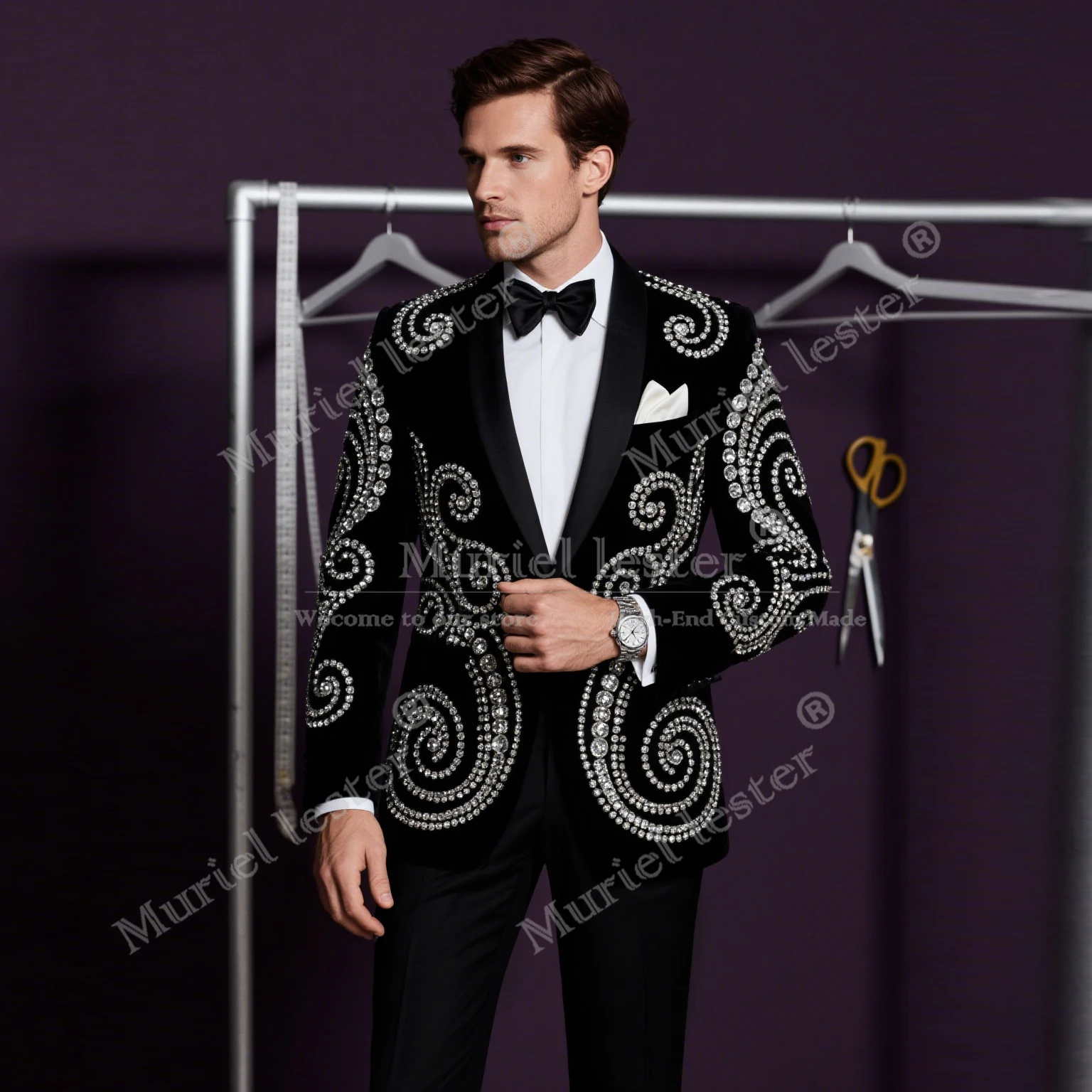 

Luxury Rhinestones Wedding Suits For Men 2 Pieces Groom Tuxedos Business Male Prom Blazers Customized Terno Masculinos Completo
