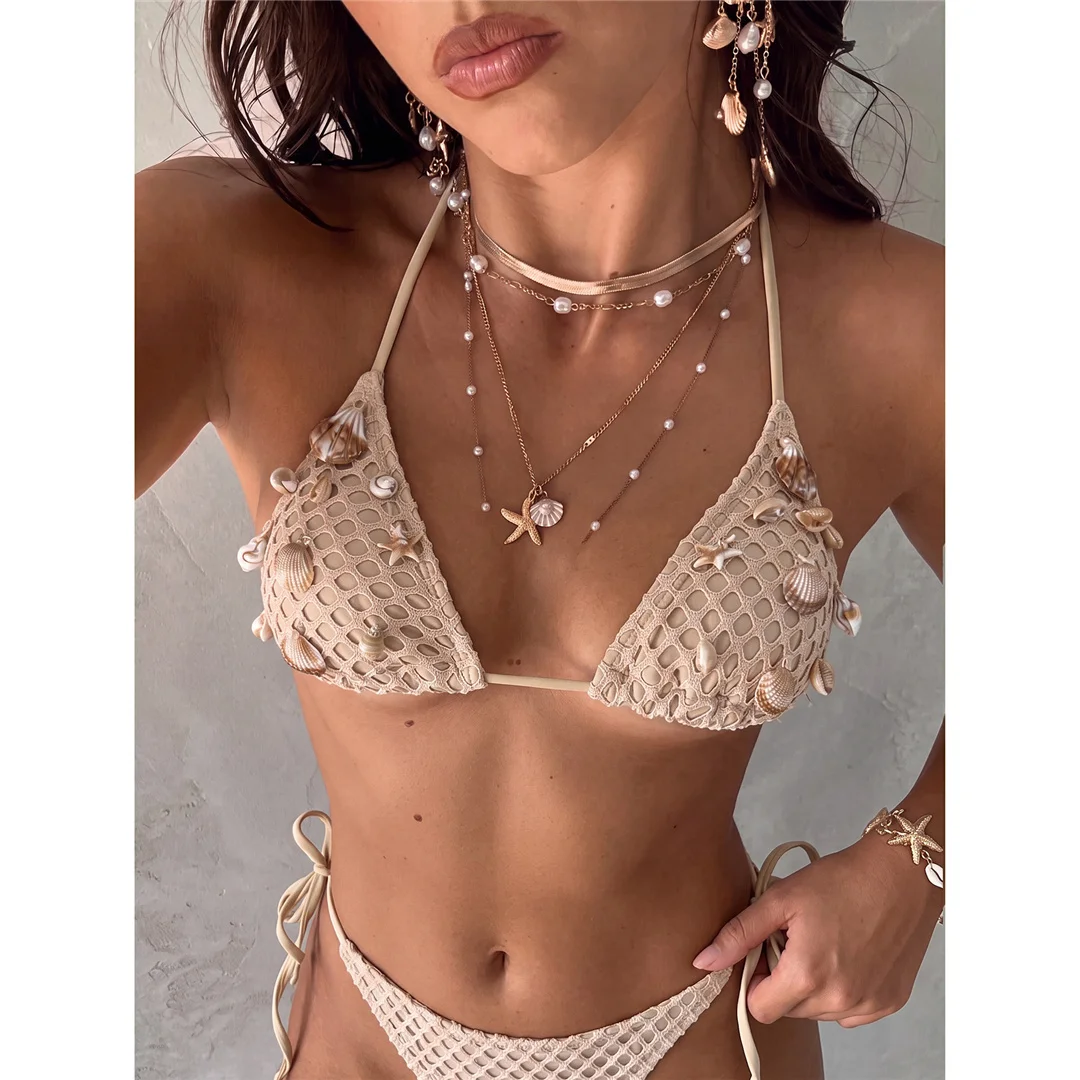 S - XL 2026 Bikini mit Muschel- und Seesternmuster, Neckholder, Damen-Badeanzug, zweiteiliger Bikini-Set, Badebekleidung, Badeanzug, Schwimmanzug V8415 – Detail 3
