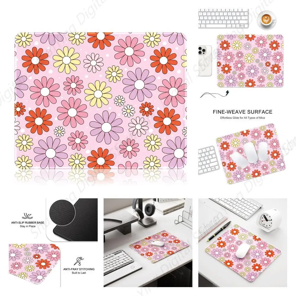 Mouse pad quadrado com padrão de flor vermelha e rosa, mouse pad de borracha antiderrapante e durável, adequado para trabalho de jogos e uso de escritório