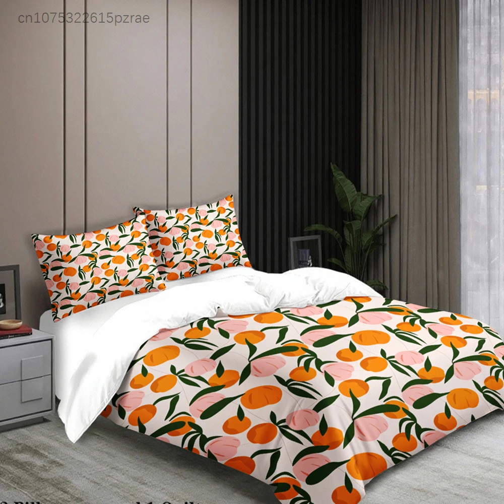 Fruit Pattern Bedding Set White Orange And Pink Peach Print Bedding With Duvet Cover & Pillowcases For Bedroom