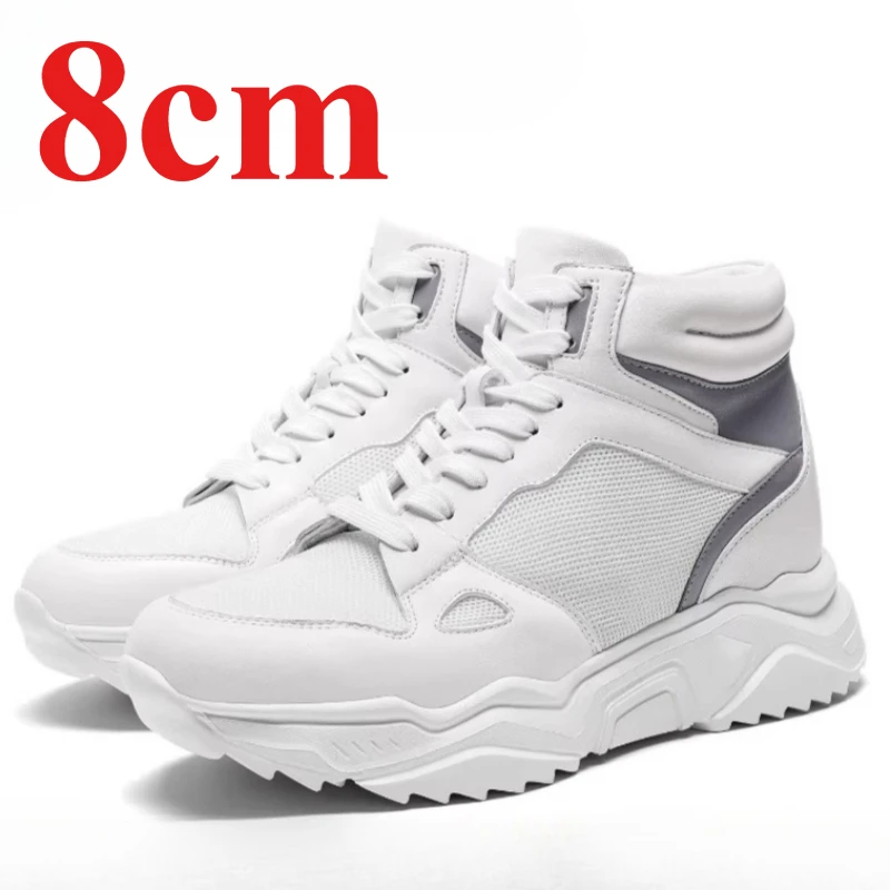 Korean Outdoor High-top Board Shoes Men's 8cm 10CM Breathable Mesh Leather Casual Sneakers Thick Soled Height-increasing Shoes