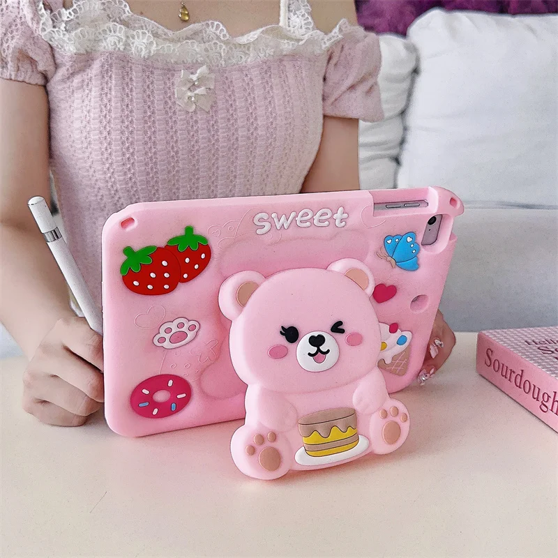 

For IPad 10th Tablet Cases for IPad 9 8 7th Air11 Air6 Pro11 Air4 5 10.9 2022 Mni6 3D Cute Bear holder Silicone Protective Case