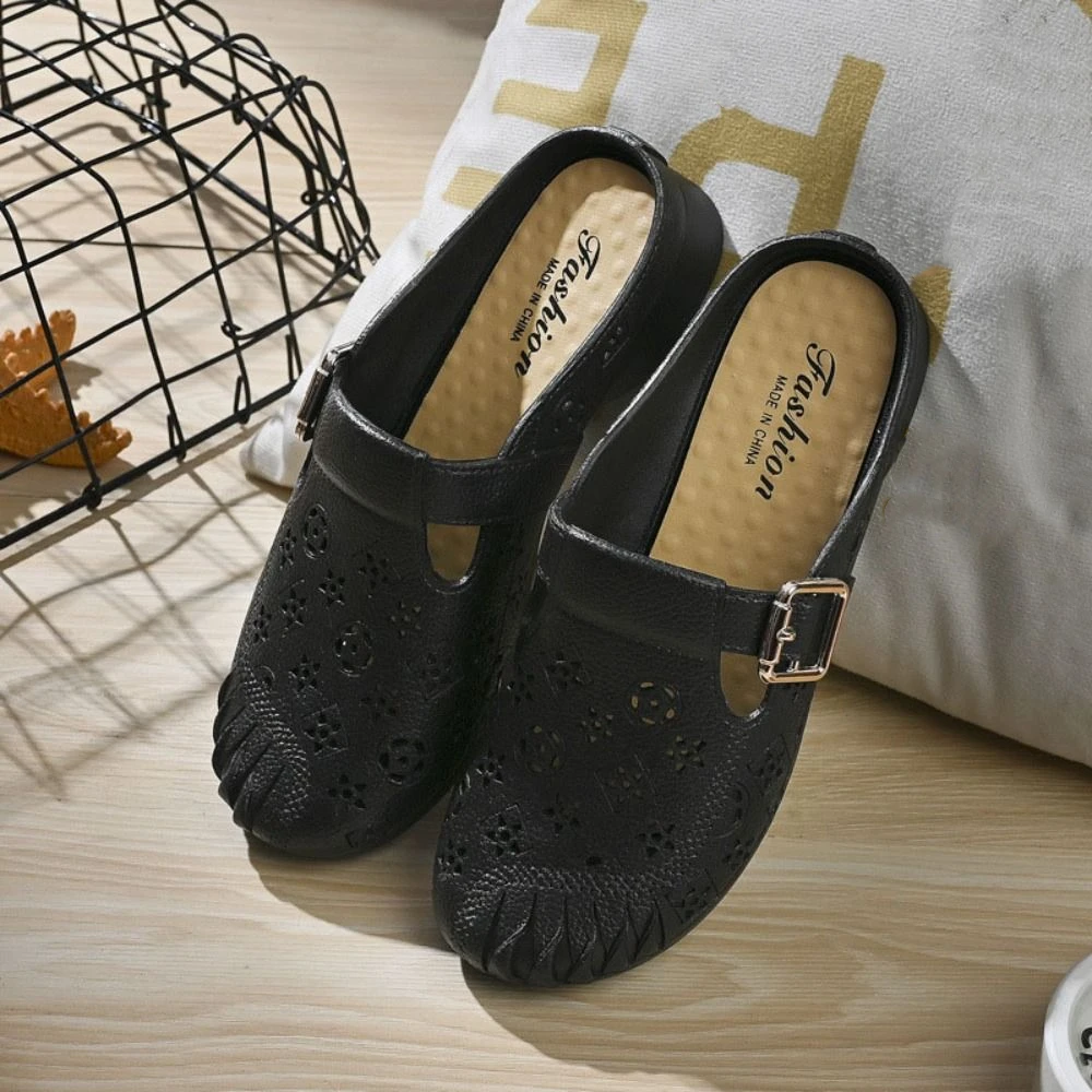 شباشب نسائية بسيطة ناعمة من مادة PVC، صنادل نصف سحب على شكل زهرة مجوفة، أحذية مضادة للانزلاق، شباشب مسطحة للشاطئ للفتيات #4