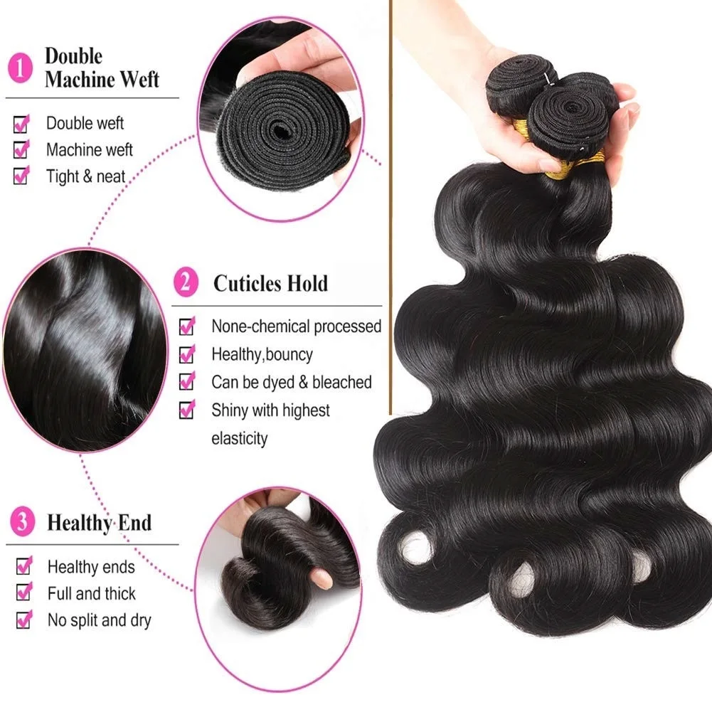 MEODI Brazilian Body Wave Bundles 100% Unprocessed Virgin Hair Body Wave 3 Bundles Human Hair Weave Bundles Deals Natural Black