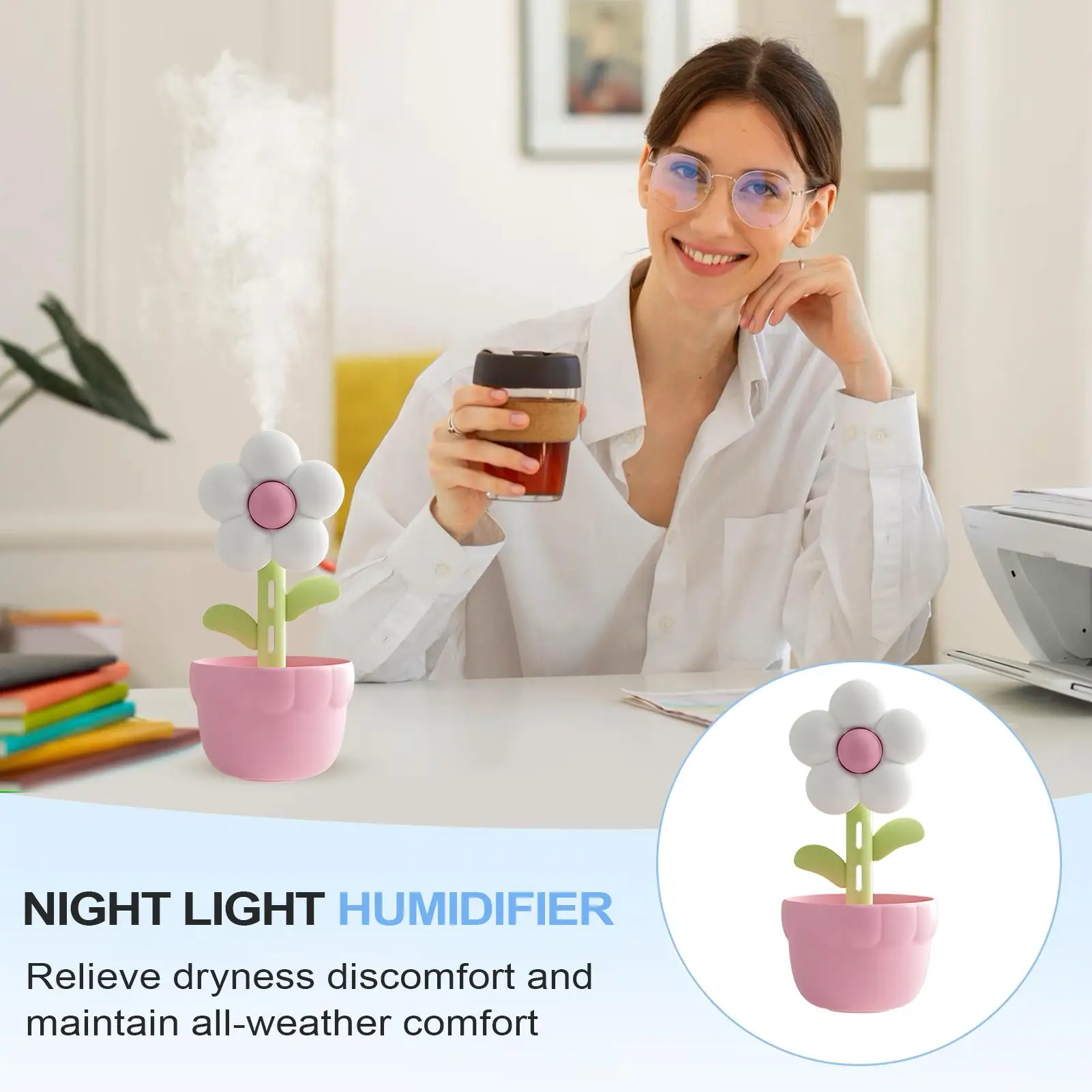 Flower Small Humidifiers For Bedroom Portable 300ml Flower Cute Humidifier Aromatherapy Diffusers For Bedroom Car Toddler
