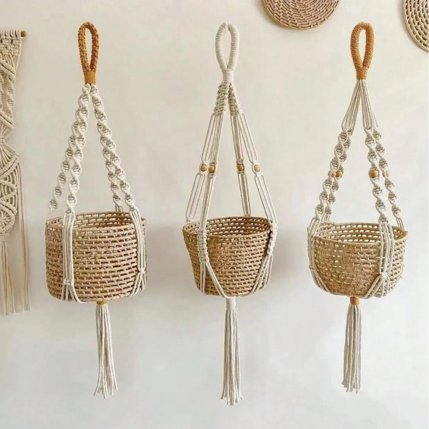 Gardening decoration worker weaves tassel flower pot green plant storage hanging net Bohemian style hanging basket net pocket