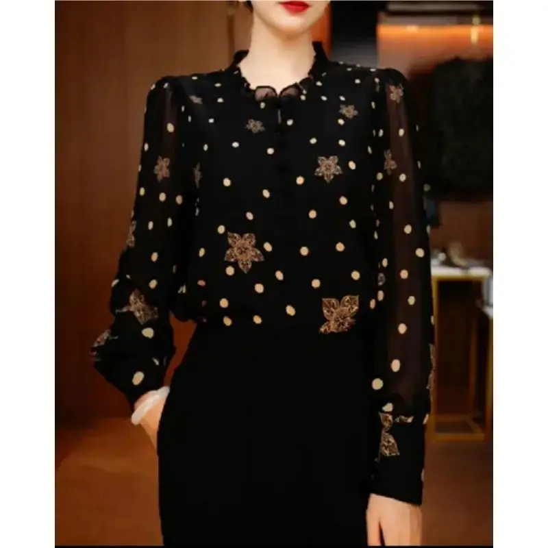 ربيع الخريف المرأة الشيفون irt طويلة Sve البولكا نقطة طباعة Ele بلوزة صغيرة أمي Faionable تي شيرت حجم كبير
