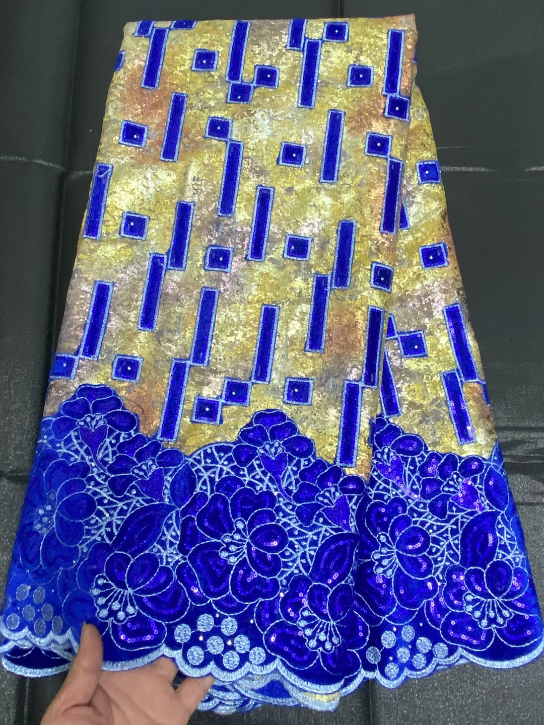 

(5yards/pc) High quality royal blue African velvet tulle lace latest sequins embroidered French net lace for party dress FLP329