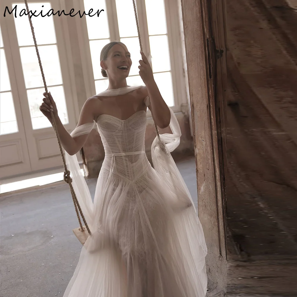 Maxianever Customized Boho Tulle Wedding Dresses with Scarf Sweetheart Lace Appliques A-Line Beach Bridal Gowns vestido de novia