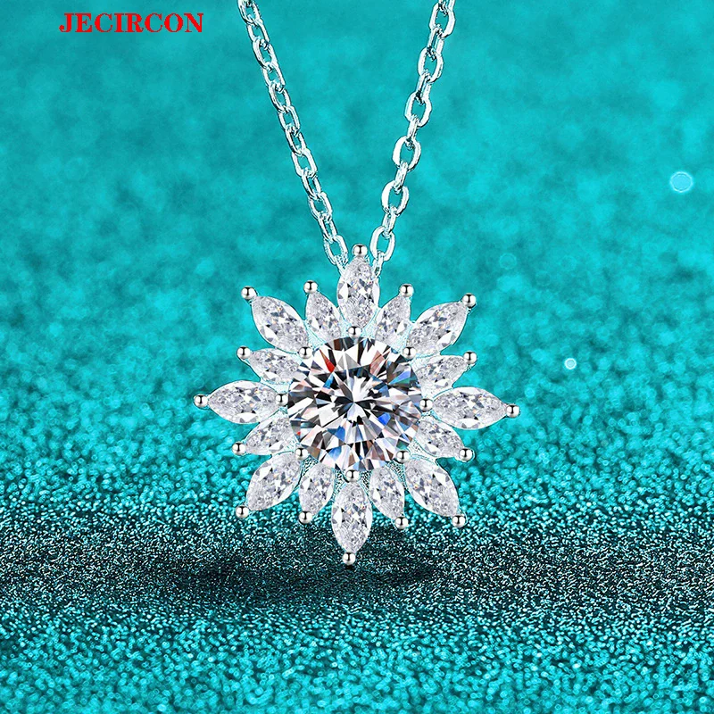 

JECIRCON S925 Sterling Silver 1ct Moissanite Necklace for Women - Sunflower Shiny Pendant Luxury Clavicle Chain Fashion Jewelry