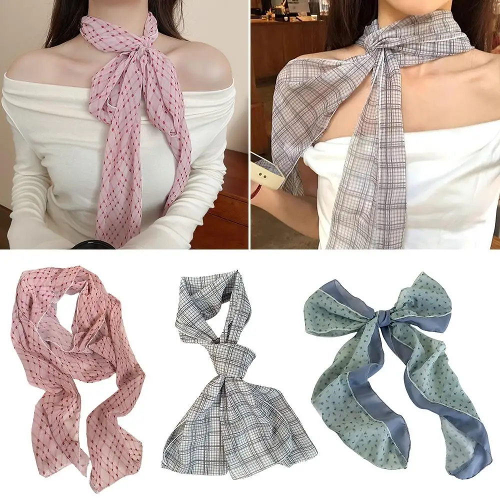 

Summer Neck Strap Neckerchief Collar Long Strip Scarf For Women Green Gray Splicing Color Headscarf French Plaid Silk Scarves