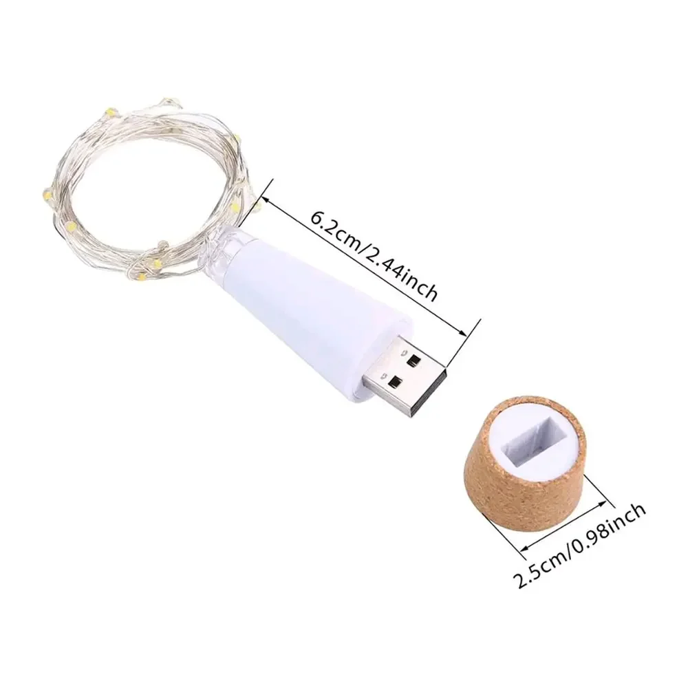 Botella de corcho de luz de hadas recargable por USB para decoración interior, lámpara de cadena de Navidad para dormitorio, fiesta en casa, boda, 2m, 20 LED, 1 pieza