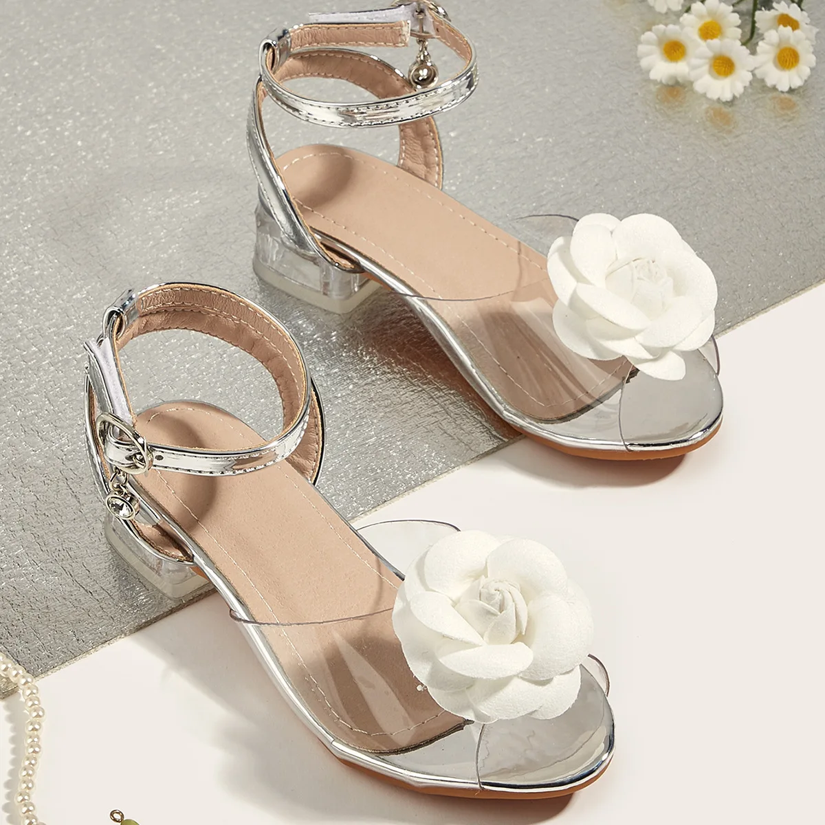 2025 Summer Girl Flower High Heels Crystal Heels Comfort Blue Chunk-heeled Children Dance Party Shoes Pvc Transparent Sandals