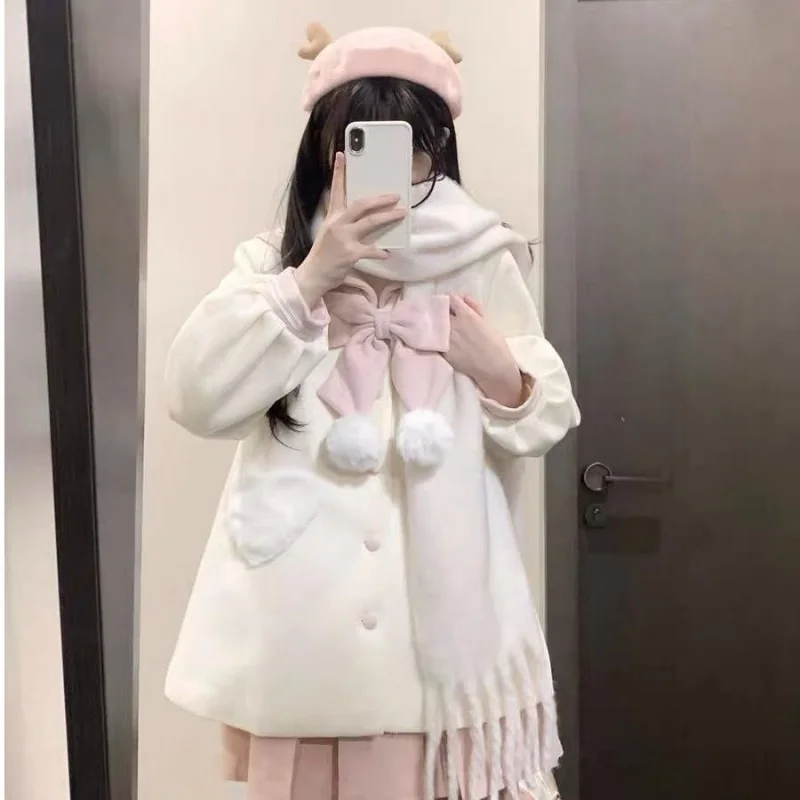 

Новинка 2023 года, весенне-осеннее японское милое твидовое пальто в стиле Лолиты, милое темно-синее пальто с воротником, свободные куртки трапециевидной формы с бантом для девочек