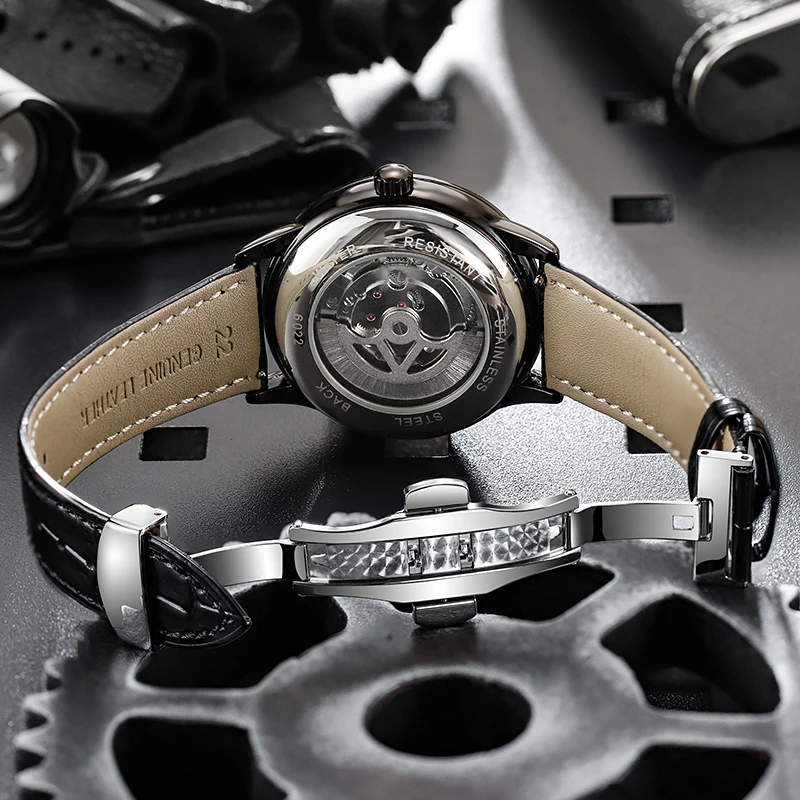 Dulunwe العلامة التجارية الفاخرة الرجال توربيون الساعات الرجالية الأسود الصلب التلقائية الميكانيكية ووتش الذكور Relogio Masculino