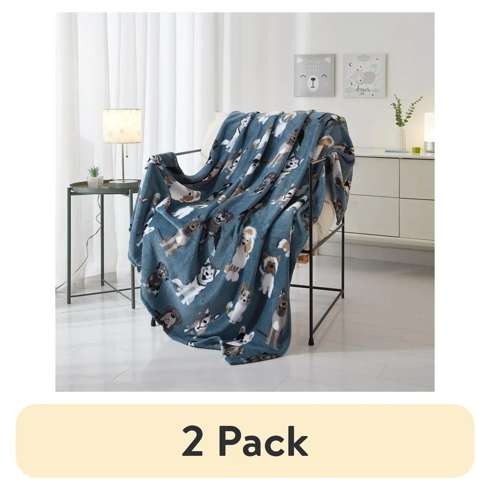 Cosy Blue Dogs Pluche Gooi Deken 2-pack Ultrazacht Machinewasbaar Warm Comfort Perfect Home Decor