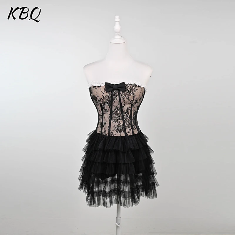 

KBQ Elegant Two Piece Sets for Women Strapless Backless Bowknot Tops High Waist Spliced Ruffles Skirts Chic Set Female Fashion