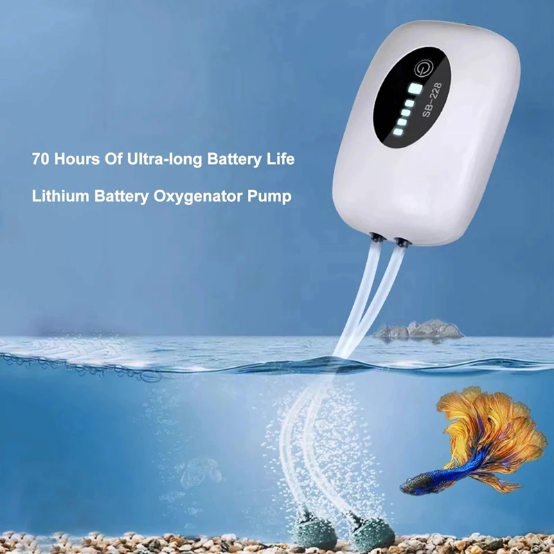 Aquarium Air Pump USB Rechargeable Oxygen Pump Fish Tank Bubbler High Capacity 4800Mah Lithium Battery, Double Vent Hole Durable