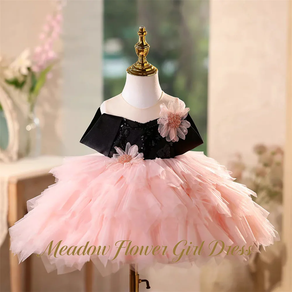 Meadow Black and Pink Evening Party Gown for Girls Off Shoulder Children Birthday Party Layered Tulle Baby Kids Birthday Gown