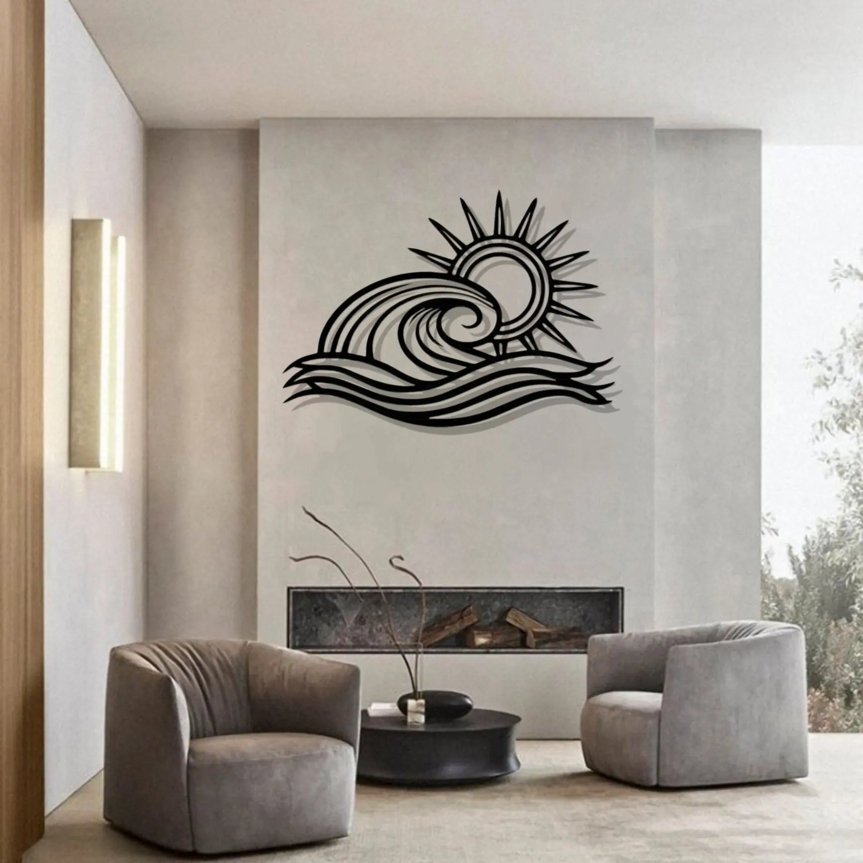 

Personalized Coastal Metal Wave & Sun Wall Sculpture: Ocean-Inspired Decor for Beach House Living Room