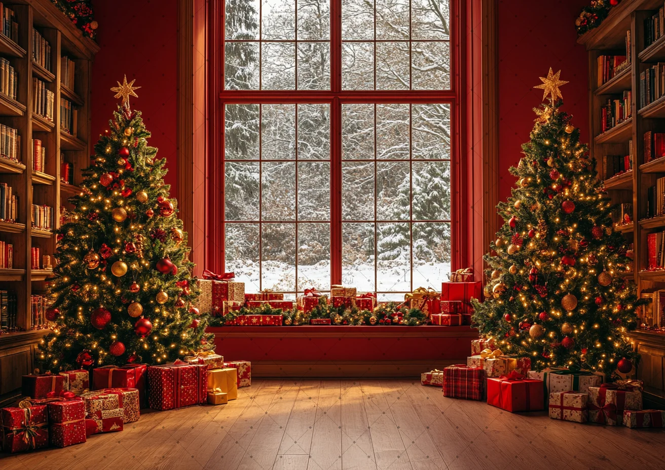 Red Panel Wall Christmas Photography Backdrop Decorated Xmas Tree Gift Box Bookcase Snow View Window Photo Background