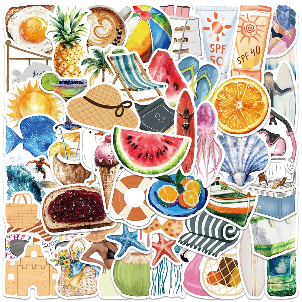 

50 шт., летние акварельные наклейки Chill Vibe Ocean Beach, эстетика, виниловые водонепроницаемые наклейки для ноутбука, бутылки с водой, журнал