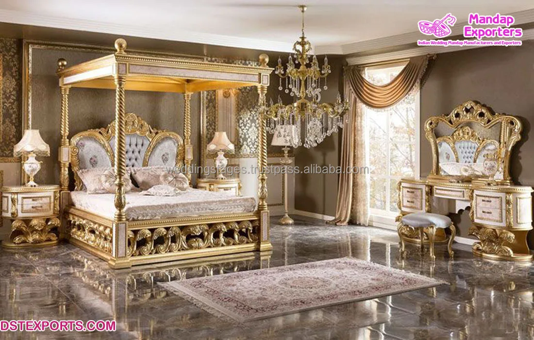 سرير كينج مستدير منحوت يدويًا على الطراز الباروكي الملكي سرير مستدير فاخر منحوت عالي التحمل مصمم من خشب الساج سرير مهاراجا مستدير #3