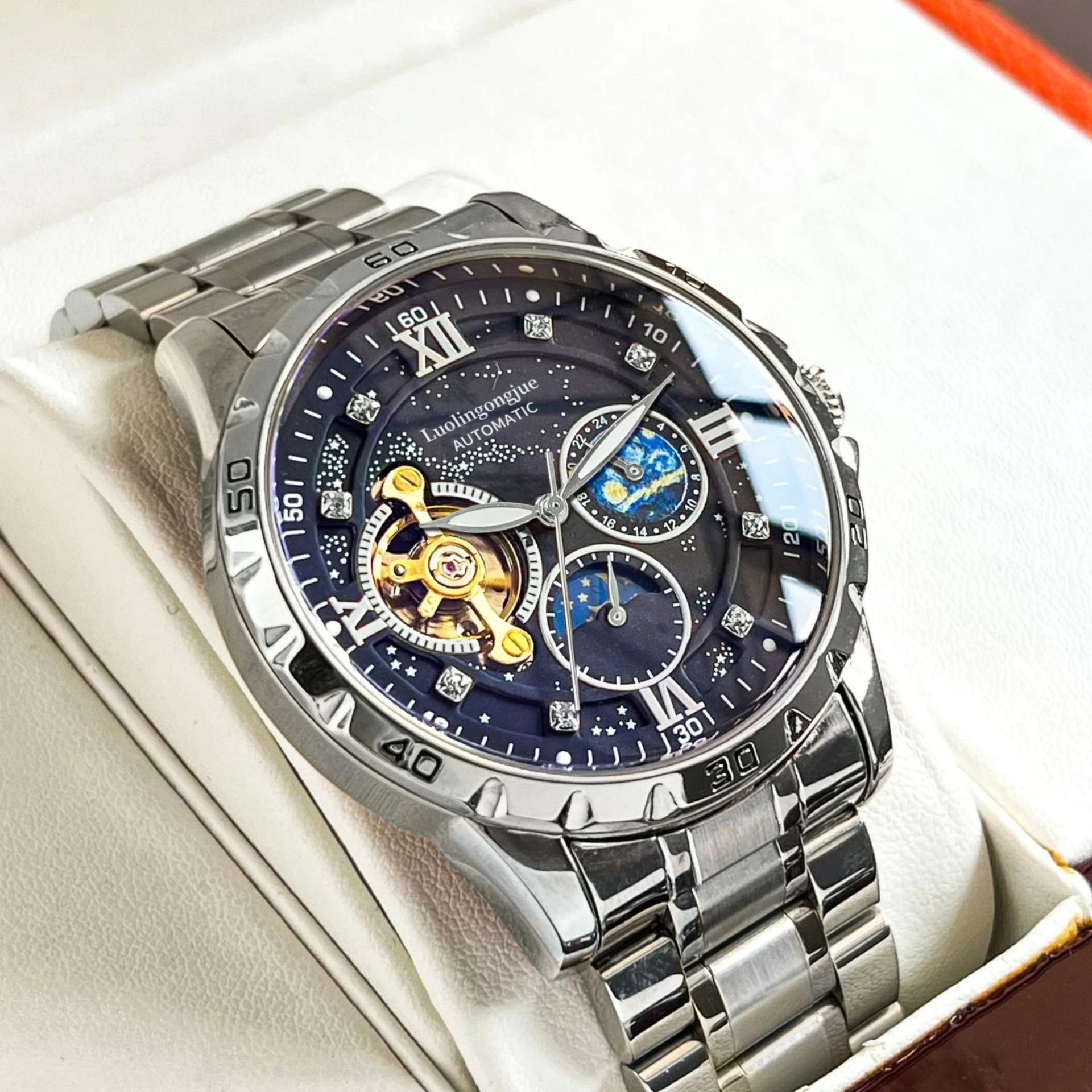 機械式の美的デザインメンズ自動巻き時計-スケルトン-トゥールビヨン-ムーブメント、星空文字盤、ムーンフェイズ-サブダイヤル、バタフライ-クラスプ-ステンレススチール-ストラップ、スケルトン-デザイン、自動巻き、防水プレミアム時計、エレガントな高級時計、誕生日、記念日、父の日のギフトに最適