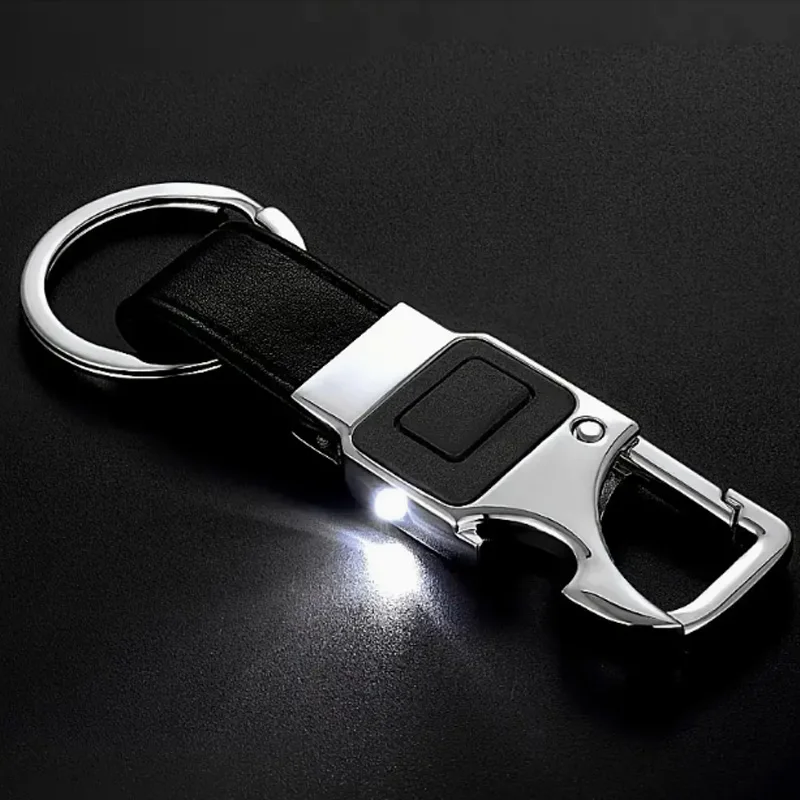 New Fashion Metal Leather Ring Holder Multifunctional Tool Keychain With LED Bottle Opener Man's Strap Keyholder Car Key Chains