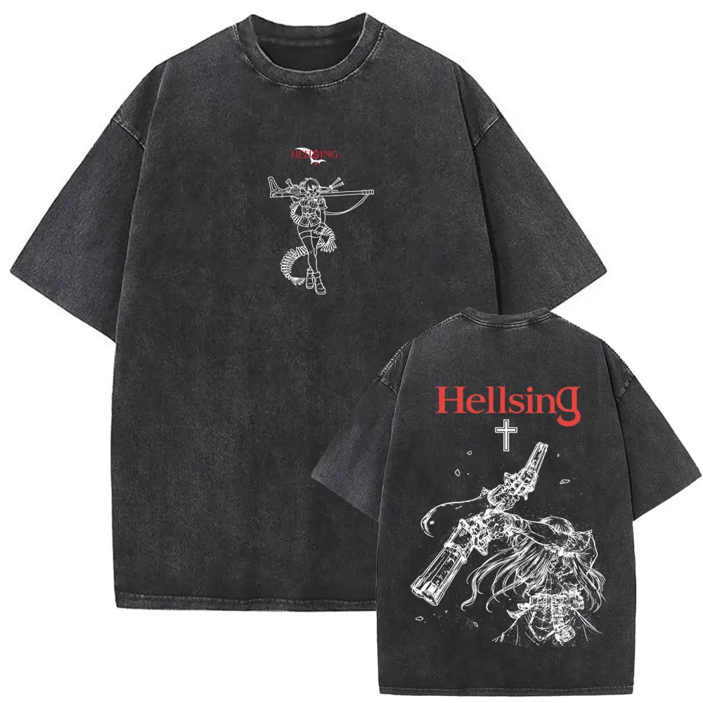 

Washed Vintage Anime Hellsing Abraham Van Helsing Vampire Alucard Graphic T-shirt Men Women 90s Manga Casual Oversized T Shirts