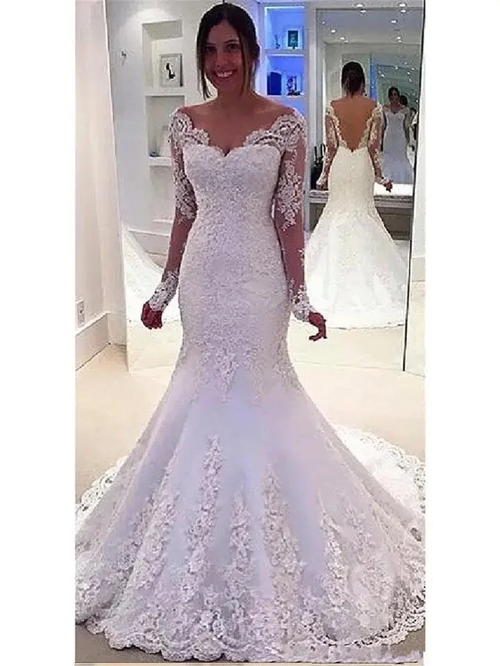 Customized Lace Mermaid Wedding Dress African Bride Gowns Appliques Capped Poet Long Sleeve Deep V Back Pearls Sweep Train Princ