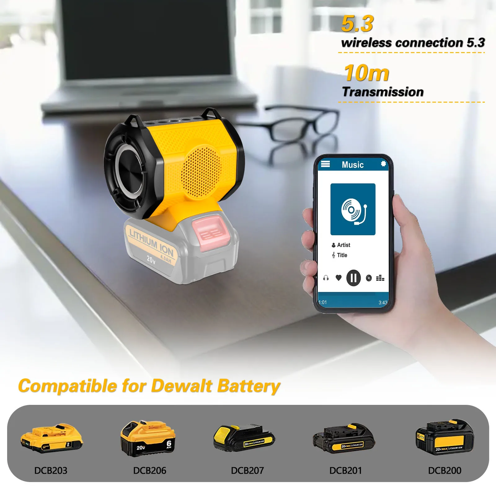 Portable Speaker For Dewalt 20V Battery With USB Type-C Port Bluetooth-compatible Speaker for Camping & Parties (No Battery)