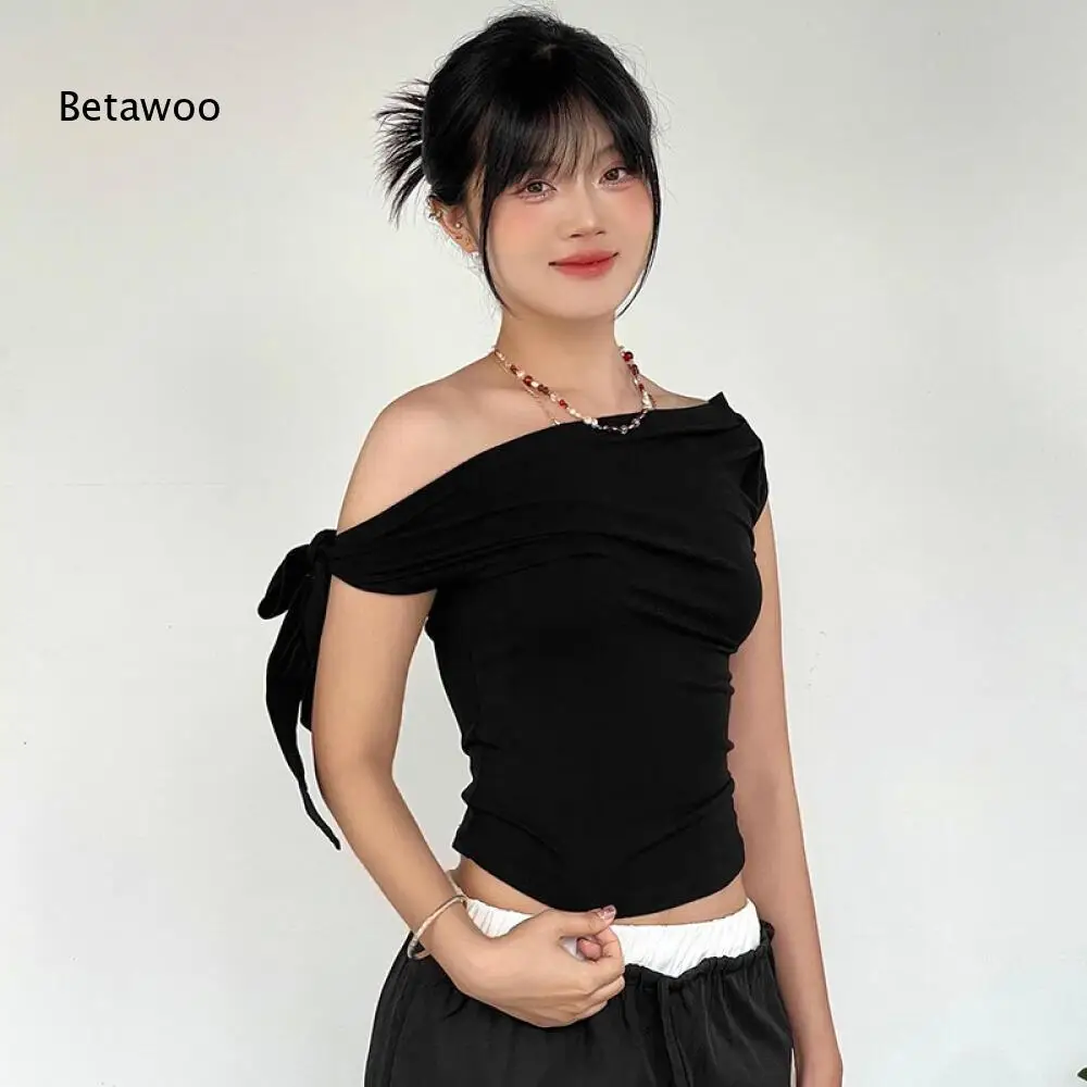 Women Asymmetrical Off Shoulder Sleeveless Top Solid Black Side Self Tie Detail Ruched Torso Slim Cropped Casual Shirt