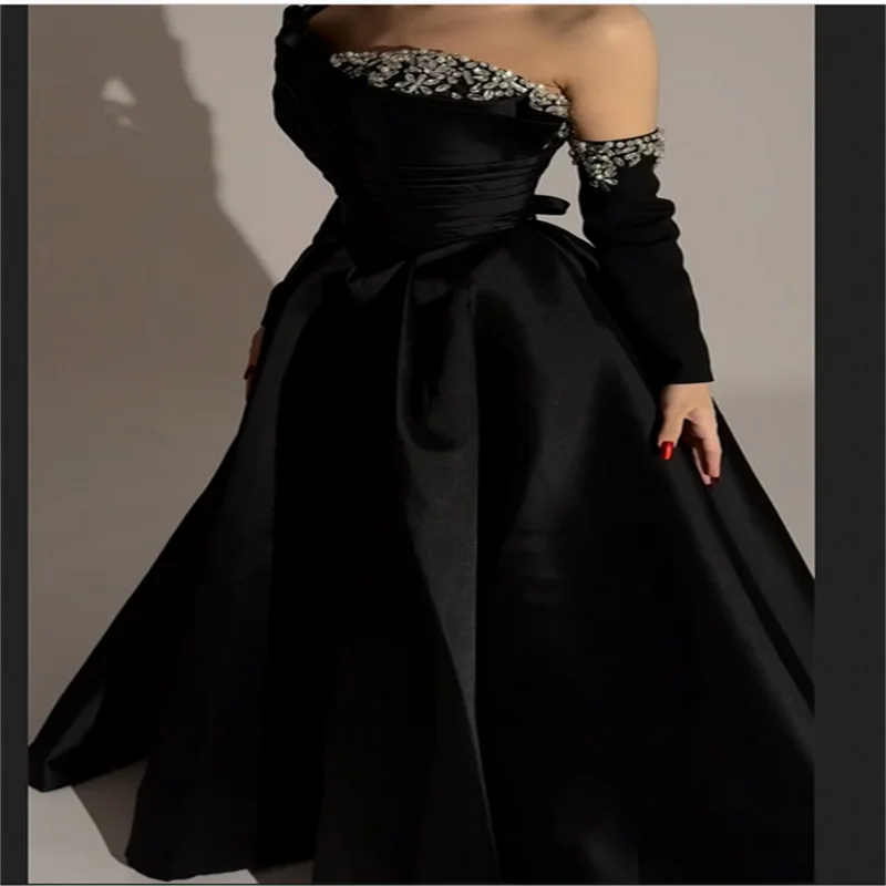 Preto cetim frisado robes de soirée um ombro a linha vestidos de baile personalizado mangas compridas até o chão elegante vestido de casamento