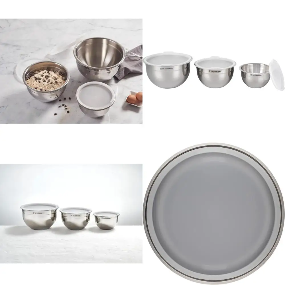 

3-Piece Stackable Mixing Bowl Set with Silicone Anti-Slip Base and Secure Plastic Lids