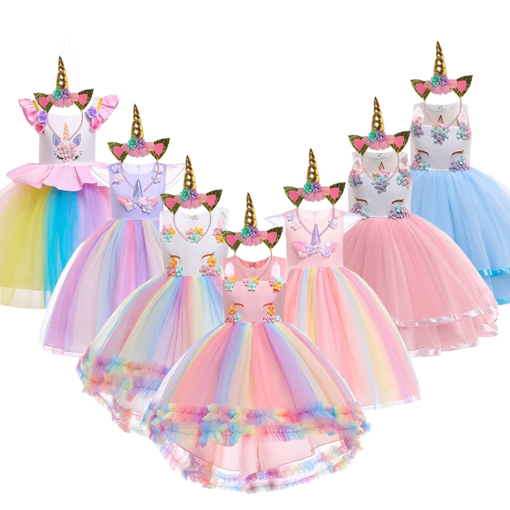 Colorful Girls Unicorn Dress Pastel Rainbow Tulle Princess Girl Birthday Party Dresses Child Halloween Unicorn Perform Costumes