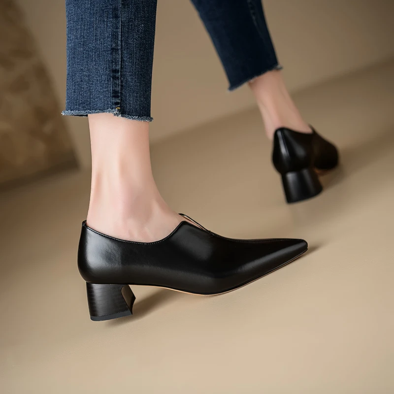 2024 New Spring Women Shoes Split Leather Women Pumps Pointed Toe Square Heel Retro Women High Heels Ladies Shoes