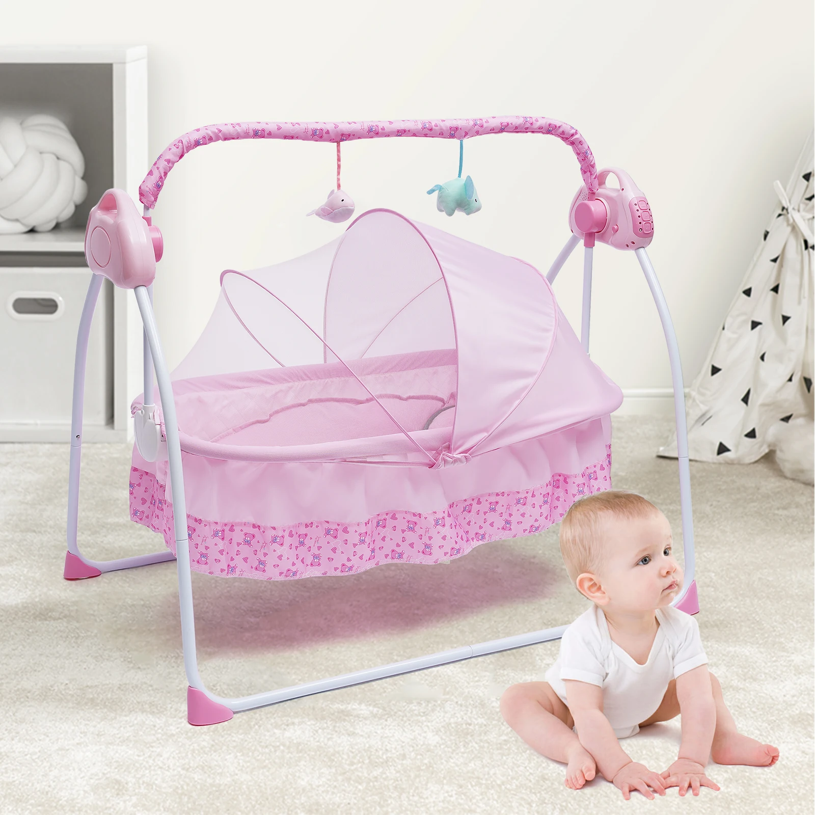 

Pink Boys & Girls Electric Baby Crib Cradle Auto-Swing Newborn Bassinet Sleep Bed Infant Bluetooth 25kg/55 lbs