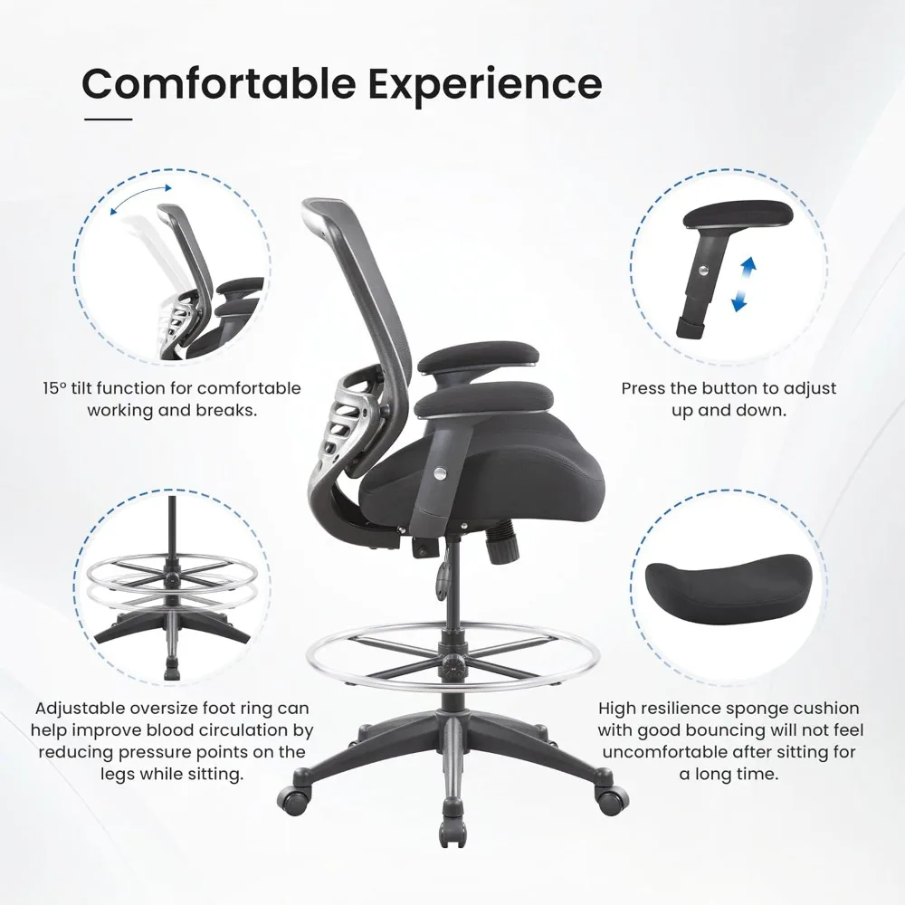 Ergonomic Mesh Drafting Chair with Adjustable Foot Ring and Height-Adjustable Armrests - 400lbs Capacity, Black