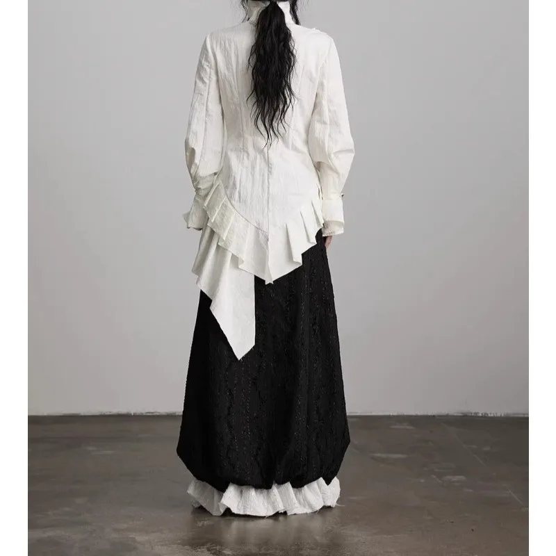 لوتس ليف حافة تصميم الشعور غير المتكافئة الخصر قميص أبيض بأكمام طويلة المرأة الخريف والشتاء