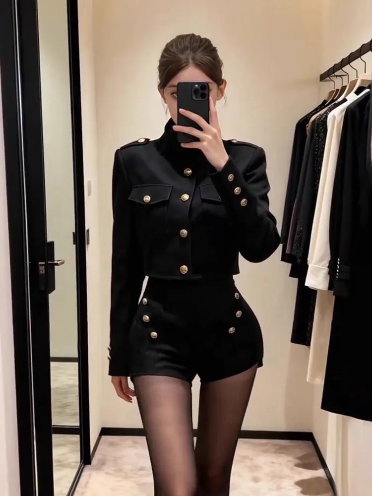 SYJ Sexy Style Short Stand Collar Jacket And Shorts Two Piece Set for Women Autumn Winter High Waist Fashionable Lady Feel
