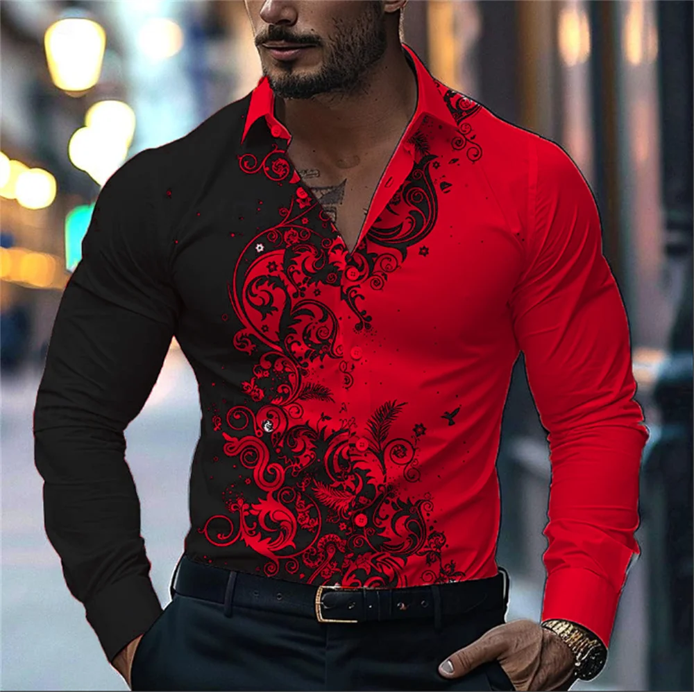 2024 New Men's Casual Street Print Pattern Shirt Fashion Casual Spring and Autumn Splicing  Long sleeved Lapel Shirt Tops