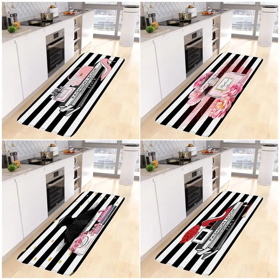 Fashion Perfume Kitchen Mat Pink Floral High Heel Black White Striped Women Bedroom Carpet Home Bathroom Decor Bath Mat Door Rug