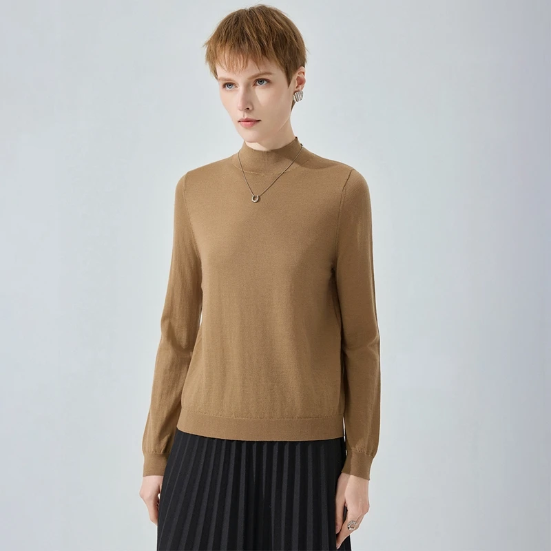 

Yangtze yarn spun 100% wool sweater, women's semi high neck thin sweater, seamless solid color pullover knitted sweater top