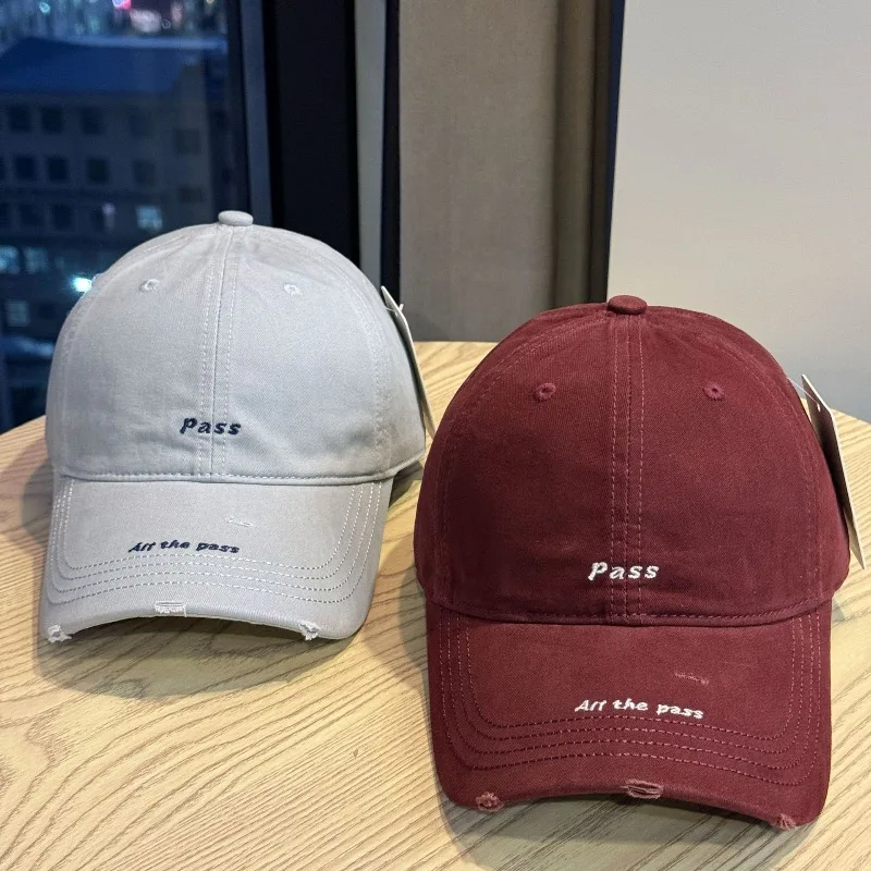 Korean Frayed Vintage Baseball Cap – Letter Embroidery Soft Crown Hat, Textured Stripe Design, Slimming Daily Wear