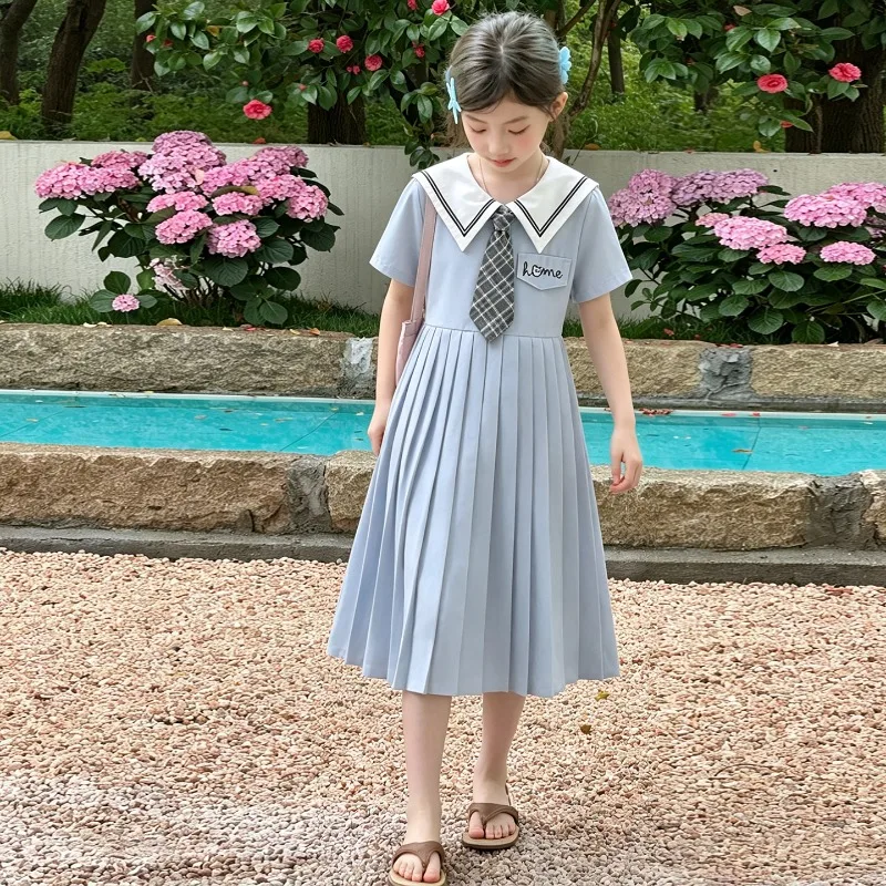 

Girls Dress Summer Preppy Style 2026 Blue Short Sleeve Sailor Collar Pleated Dress with Tie Children Clothes 110-170cm 20-50kg