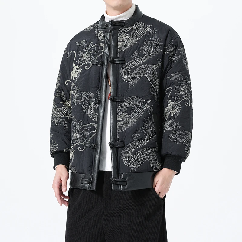 2026 Chinese Style Men Cotton Padded Jacket Men Dragon Embroidery Parkas Male Retro Winter Outerwear Casual Men Parka Coat